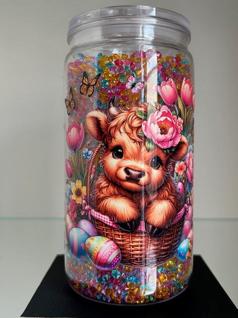 Baby Highland Cow Easter Snow Globe Tumbler - 16oz Diamond Filled Cup
