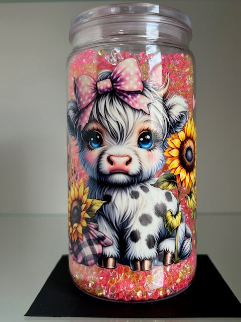 Baby Highland Cow Sun Flowers Snow Globe Tumbler - 16oz Diamond Filled Cup